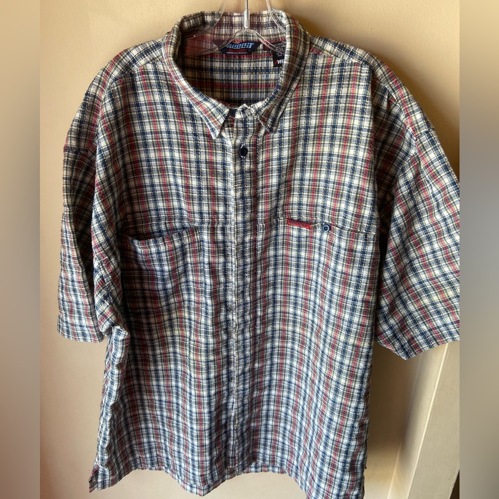 MECCA Men’s short sleeve checkered vintage button down shirt XL, front pockets